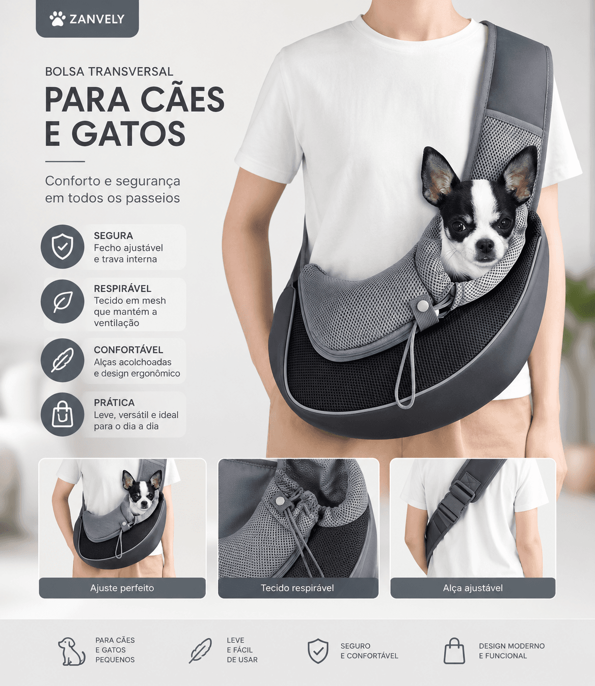 Bolsa Transversal Premium Zanvely para Cães e Gatos